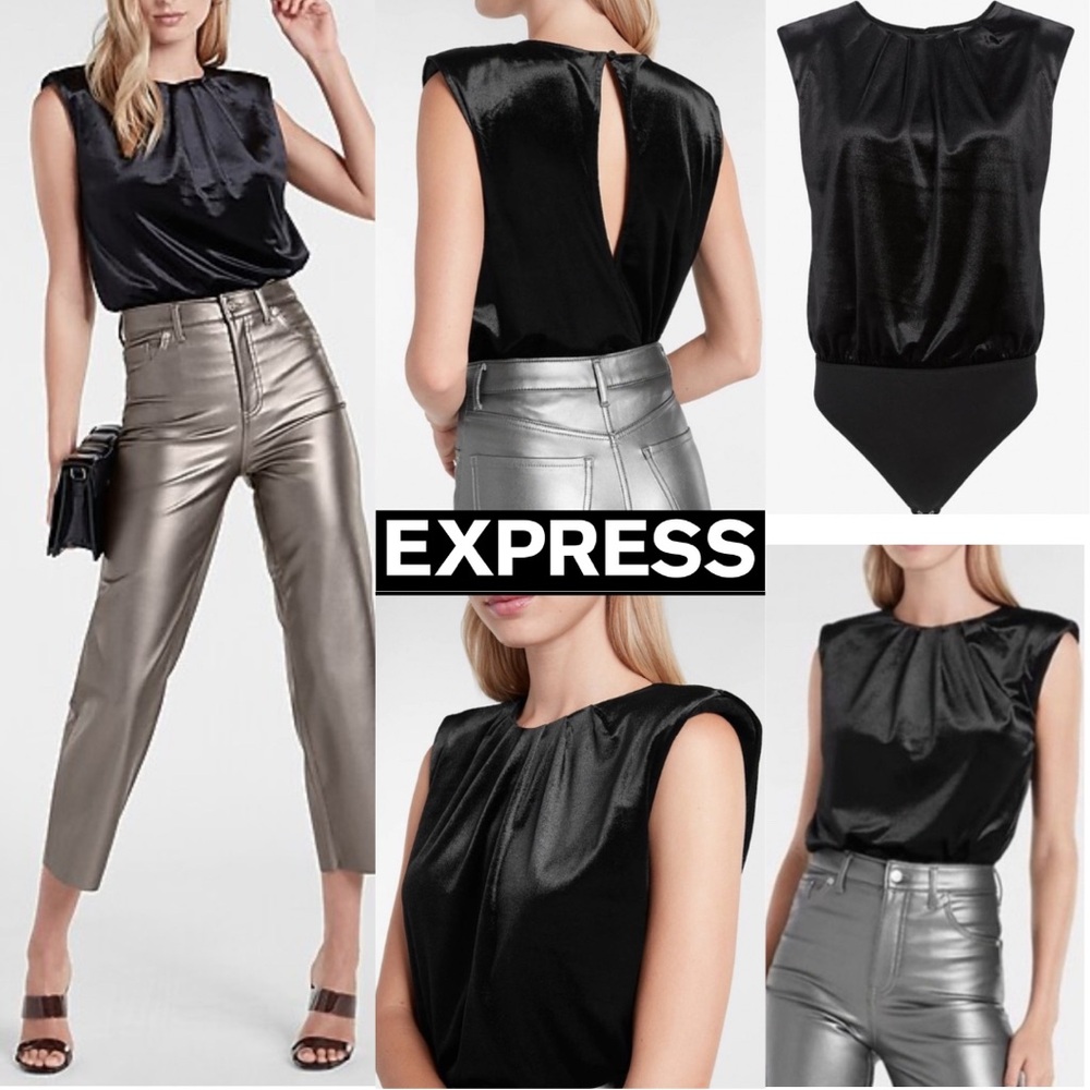 Express Velvet Thong Bodysuit Black Sleeveless Shoulder Strong Top Size M